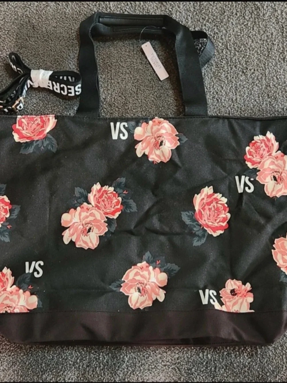 Victoria's Secret Black Tote with Pink Rose Floral Print